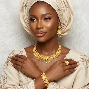 Luxury Brass 24K Gold Plated Traditional Flower Design Necklace Set Bracelet Earrings Ring Women | African Bridal Wedding Set - Product Image 4
