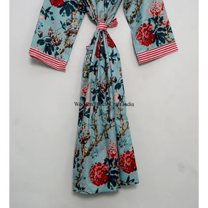 Kimono artisanal 100% coton indien, motif floral bohème, ceinture à nouer, poches, imprimé sérigraphié, robe longue décontractée - Product Image 6