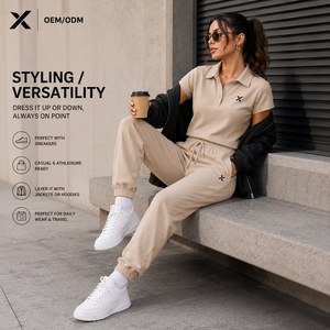 XSC Two-Piece Women's Athleisure Set: Tan Short-Sleeve Polo <b>Crop</b> <b>Top</b> & Matching High-Waist Joggers for Versatile Casual Styling - Product Image 4