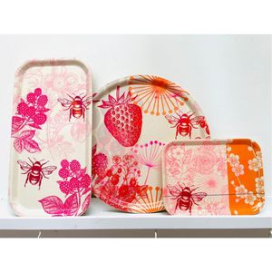 Ensemble de plateaux de service décoratifs en métal, style vintage, imprimé floral et abeilles, rectangulaires et ronds, pour la cuisine, la table et la décoration intérieure - Product Image 1