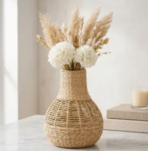 Tapered <b>square</b>-base woven rattan <b>vase</b> with a natural rustic texture finish, available at wholesale prices. - Product Image 2