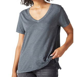 Camiseta de Algodón Ecológico de Manga Corta con Cuello en V para Mujer, Cómoda, Transpirable, Antiarrugas, de Secado Rápido, Servicio OEM - Product Image 5