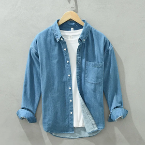 Washed Blue Denim Shirt Men's Autumn New Japanese <b>Retro</b> Trend Versatile Loose <b>Fitting</b> Long Sleeved Casual Coat - Product Image 2