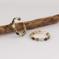 Boucles d'oreilles créoles en argent sterling 925 plaqué or 14 carats, pierres précieuses lapis lazuli et labradorite, bijoux faits main pour femmes