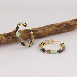 Boucles d'oreilles créoles en argent sterling 925 plaqué or 14 carats, pierres précieuses lapis lazuli et labradorite, bijoux faits main pour femmes - Product Image 3