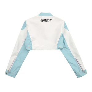 Firstly Women's Moto <b>Jacket</b> <b>White</b> Black Contrast Cropped Biker Style Zipper Closure Turn-down Collar Autumn Wear - Product Image 4