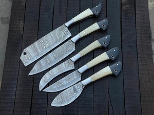 Custom Handmade Five-Piece Chef <b>Set</b> in Damascus Steel Bone+Horn Handles Durable <b>Sharp</b> <b>Knives</b> Ambidextrous Design Leather Roll - Product Image 2