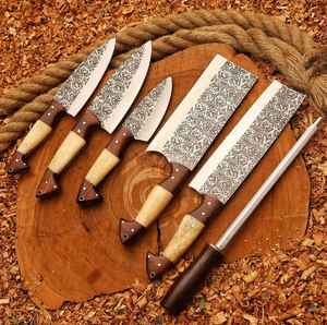 Ensemble de 5 couteaux de chef écologiques forgés à la main avec étui en cuir véritable pour la cuisine et le barbecue, vente en gros de qualité supérieure, fabrication artisanale OEM - Product Image 5