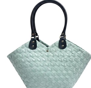 Trendy Light Green Geometric Woven <b>Plastic</b> Handbag And Handmade Bag High Quality Black Leather Strap Vacation <b>Tote</b> - Product Image 3