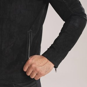 Chaqueta de cuero de gamuza negra para hombre, con cuello alto, cremallera, estilo motero, transpirable, a prueba de viento, ropa de abrigo de invierno, personalizada - Product Image 3