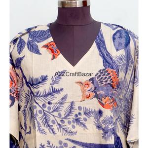 Vestido Kaftán Corto con Cuello en V, Estampado Floral Indio, de Algodón Ecológico Hecho a Mano, para Mamás, Ropa de Playa, Ropa de Dormir, Informal - Product Image 3