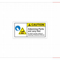 Etiquetas de advertencia de riesgo de quemaduras, cabezal de advertencia amarillo, partes adyacentes muy calientes, guantes de protección, iconos circulares azules obligatorios