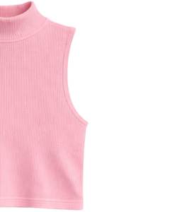 Top corto sin mangas de cuello alto acanalado rosa personalizado, ajustado, elástico, informal para mujer, chaleco básico de moda de verano - Product Image 3
