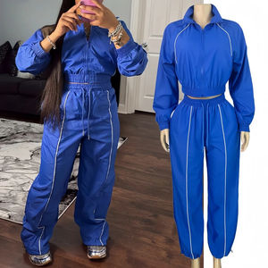 Conjunto deportivo de 2 piezas para mujer, chaqueta corta con retazos a rayas y pantalones, ropa informal de calle, ropa deportiva de manga larga, conjunto deportivo - Product Image 1