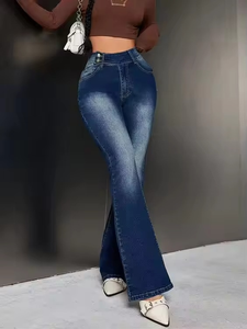 Jeans de Mezclilla de Cintura Alta y Corte Bootcut para Mujer, Largos, Lavados, de Algodón, Casuales, Ajustados, Azules, Transpirables, para Primavera/Verano - Product Image 2