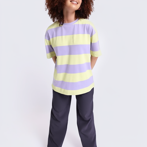 เสื้อยืดลายทางโอเวอร์ไซส์สำหรับผู้หญิง สีม่วงเหลือง ผ้าฝ้าย คอกลม แขนสั้น ทรงหลวม แฟชั่นฤดูใบไม้ผลิและฤดูร้อน - Product Image 4