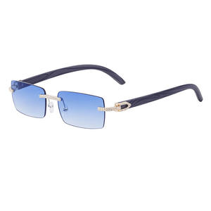 Lunettes de soleil rectangulaires sans monture, verres bleu foncé, accent doré, style luxueux unisexe, protection solaire pour adultes, UV400 - Product Image 4