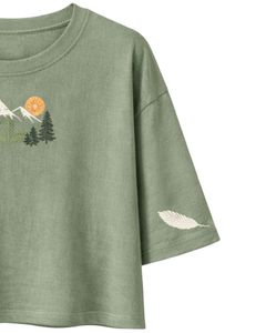Camiseta Corta para Mujer en Verde Salvia, Bordado de Montaña y Naturaleza, Manga Corta, Informal, Mezcla de Algodón Suave, Verano, Venta al Por Mayor - Product Image 3