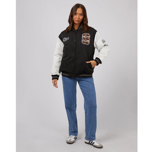 Veste universitaire noire et blanche avec logo brodé sur le devant, coupe classique, style décontracté, unisexe, pour l'automne - Product Image 3
