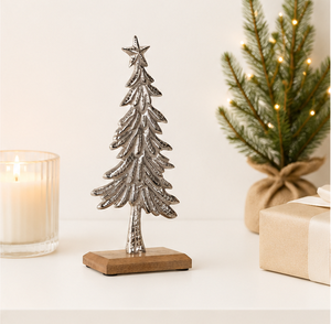 Handmade Modern Silver Embossed Metal Christmas <b>Tree</b> Sculpture with Sturdy Wooden Base Elegant <b>Tabletop</b> Holiday Decoration - Product Image 4