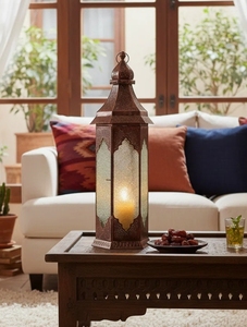 Lanterne à bougie hexagonale de style marocain en métal, finition bronze antique, panneaux en verre gaufré, support suspendu fait main avec impression UV - Product Image 2