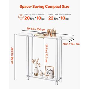 Consolle Moderna Rettangolare in Acrilico con 2 Ripiani, Scrivania Laterale Stretta e Vano Portaoggetti Sottostante Trasparente per Ingresso - Product Image 3