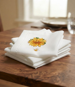 Serviette de table personnalisée en coton blanc brodé tournesol ourlet serviette de table pour la maison hôtel événements serviettes en tissu vente de gros - Product Image 1