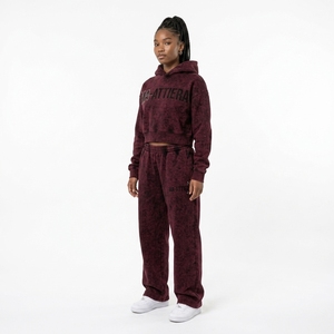 Custom Womens Acid Wash <b>Burgundy</b> Cropped Hoodie Wide Leg Sweatpants Set Cotton Fleece Streetwear Tracksuit OEM Wholesale - Product Image 1