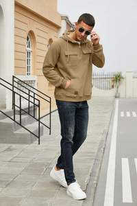 Sweat-shirt d'hiver pour homme en coton uni, demi-zip, à capuche, avec poche frontale, cordon de serrage réglable, confortable et décontracté, vente en gros, ODM - Product Image 3