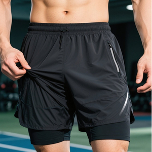Shorts de sport pour homme à imprimé floral, séchage rapide, avec poche zippée, taille mi-haute, fermeture à cordon, tissu tricoté en spandex et polyester - Product Image 3