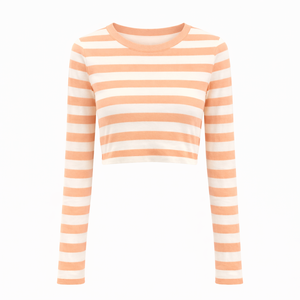 Camiseta corta a rayas blancas y melocotón para mujer, moderna y personalizada, de manga larga, ligera, de algodón, para verano, a la moda, al por mayor. - Product Image 1
