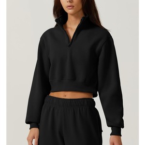 Nueva Llegada: Sudadera Corta Negra de Mujer con Media Cremallera, Cuello Alto, Manga Larga, Tejido Sólido, Transpirable, Ajuste Regular, Ideal para Otoño - Product Image 6