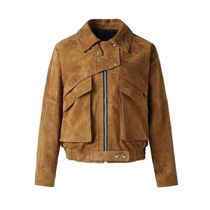 <b>Women's</b> Brown Suede Bomber <b>Jacket</b> With Zipper Closure Turn-down Collar Autumn Style Regular Fit <b>Smart</b> Range <b>Women's</b> Western - Product Image 3
