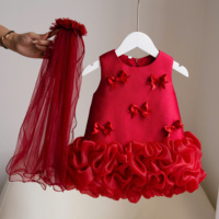 Robe sans manches pour filles avec nœud décoratif et jupe à volants superposés, voile assorti pour fêtes d'anniversaire et événements, vente en gros, OEM