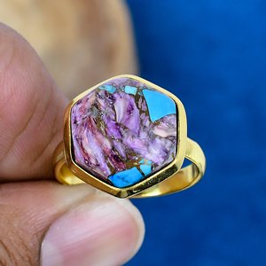 Pierre précieuse naturelle d'huître épineuse violette, faite à la main, plaquée or 18 carats sur argent sterling massif 925 - Product Image 2