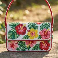Sac à bandoulière artisanal perlé à motif floral tropical pour femme, sac à main de créateur, motif fleur d'hibiscus, mini sac à main perlé tendance