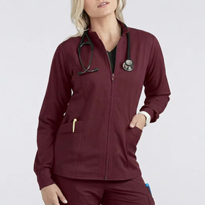 Women's <b>Maroon</b> Full-Zip Scrub <b>Top</b> With Front Pockets And Stethoscope Loop For Hospital Use Custom Design - Product Image 1