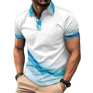 New Design <b>Men</b> Casual Cotton Polo <b>Shirts</b> Geometric Pattern Design Stylish Wave Print Collar & Hem <b>Men's</b> Short Sleeve Polo <b>Shirt</b> - Product Image 1