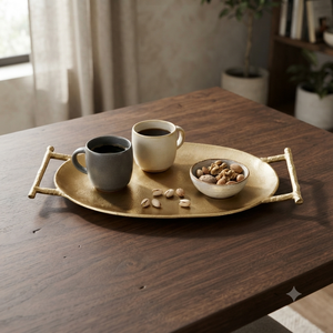 Plateau de service en aluminium artisanal avec poignées, plat décoratif ovale en métal pour les collations, décoration de la maison, hôtel, restaurant, vente en gros - Product Image 4