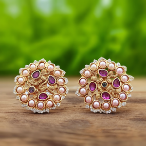 14K Gold Plated Peacock Stud Earrings with Pearl and Diamond Accents - Product Image 2