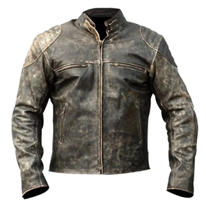 Blouson de moto en cuir véritable pour homme, col montant, fermeture éclair, noir délavé, style motard, pour l'automne - Product Image 1