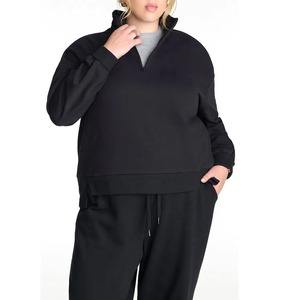 Sudadera de Forro Polar Negra para Mujer Tallas Grandes, con Hombros Caídos, Color Sólido, Estilo Casual de Primavera, Solo con Capucha - Product Image 1