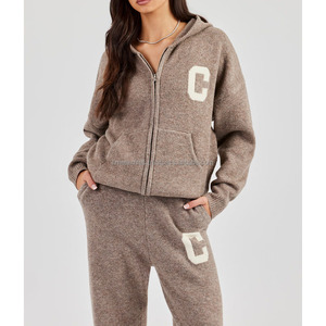 Wholesale Women's Vintage Style Fuzzy Breathable Knit Two-Piece Set with Hooded Collar Zipper Cardigan and Jogger Pants - Product Image 4