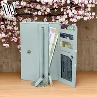 WRIZA Dompet Clutch Wanita Kulit Asli dengan RFID Blocking, Dompet Ramping Merah dengan Ritsleting, Tempat Kartu Kredit Elegan, Tas Tangan Wanita untuk Perjalanan