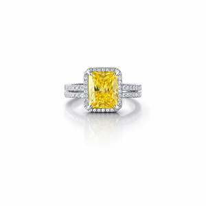 Yellow Color Geometric Diamond Halo Cubic Zirconia Engagement <b>Ring</b> Women Daily Luxury Gift - Product Image 1