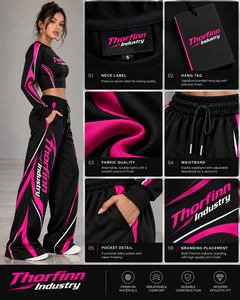 ชุดเซ็ทแทรคสูทผู้หญิงสองชิ้น เสื้อครอปแขนยาว กางเกงขายาวสีดำชมพู สไตล์สปอร์ต ราคาขายส่ง รับผลิตตามแบบ (OEM) ราคาถูก - Product Image 4