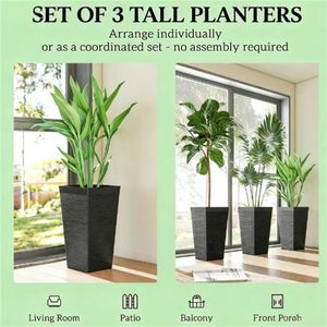 Set of 3 Black Conical Outdoor Flower Pots Space-Saving Planters - Product Image 2