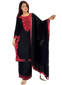 ชุดสلوارคามีซผ้าจอร์เจตต์สีดำปักลายทันสมัยทรงปกติ ดีไซน์เนอร์อินโดเวสเทิร์นลำลองสำหรับผู้หญิง แห้งเร็วทุกโอกาส - Product Image 4