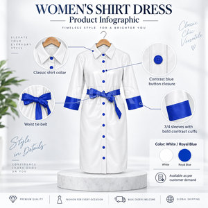 Robe chemise en cuir blanc HMR Sorority Sisterhood avec poignets contrastants bleus et ceinture, manches trois quarts, style bureau - Product Image 6