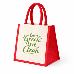 Bolsa de Yute Roja y Blanca de Moda con Frase Impresa, Bolsa de Compras Reutilizable Ecológica con Cierre Abierto y Asas - Product Image 1